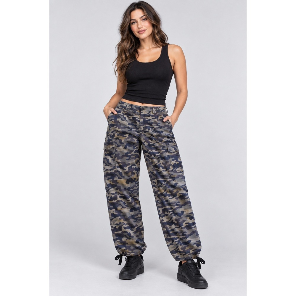 Cello Grey Camo Cargo Pants Womens Size 9 High Rise Drawstring Hem GA181658-CM2